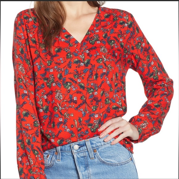 Hinge Red Floral V Neck Blouse - Picture 1 of 13